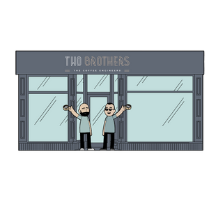 Illustration of two people outside a coffee shop named 'Two Brothers The Coffee Engineers'.