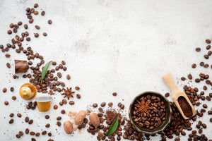 spilled coffee grounds on white background